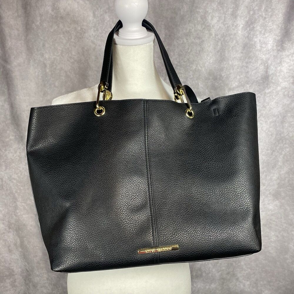 Steve Madden‎ Black Pebbled Tote Bag with Floral Interior and Matching Pouch